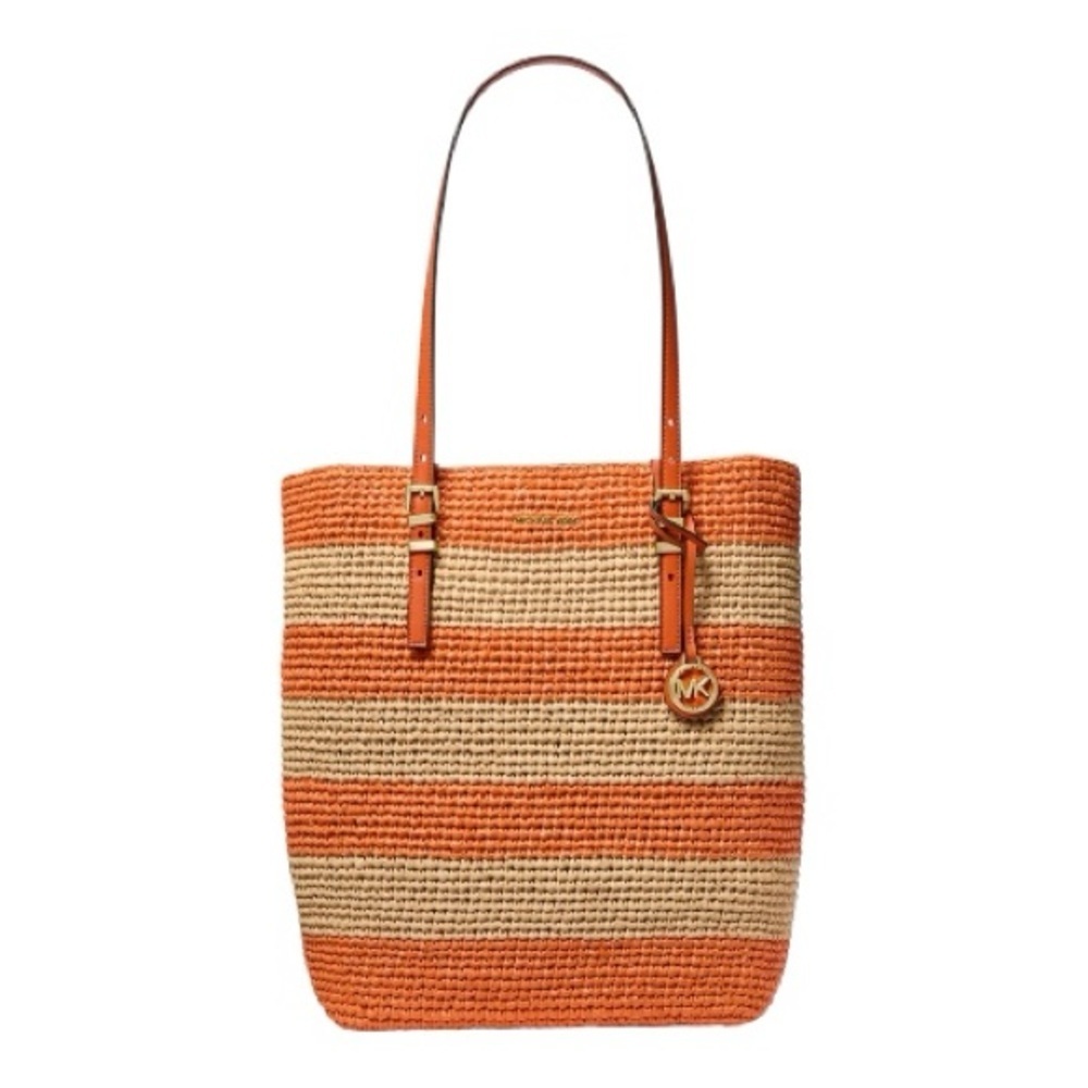 Michael Kors Quinn Straw Tote Orange Stripe Large Beach Travel  Bag Bold Coastal - Picture 8 of 10